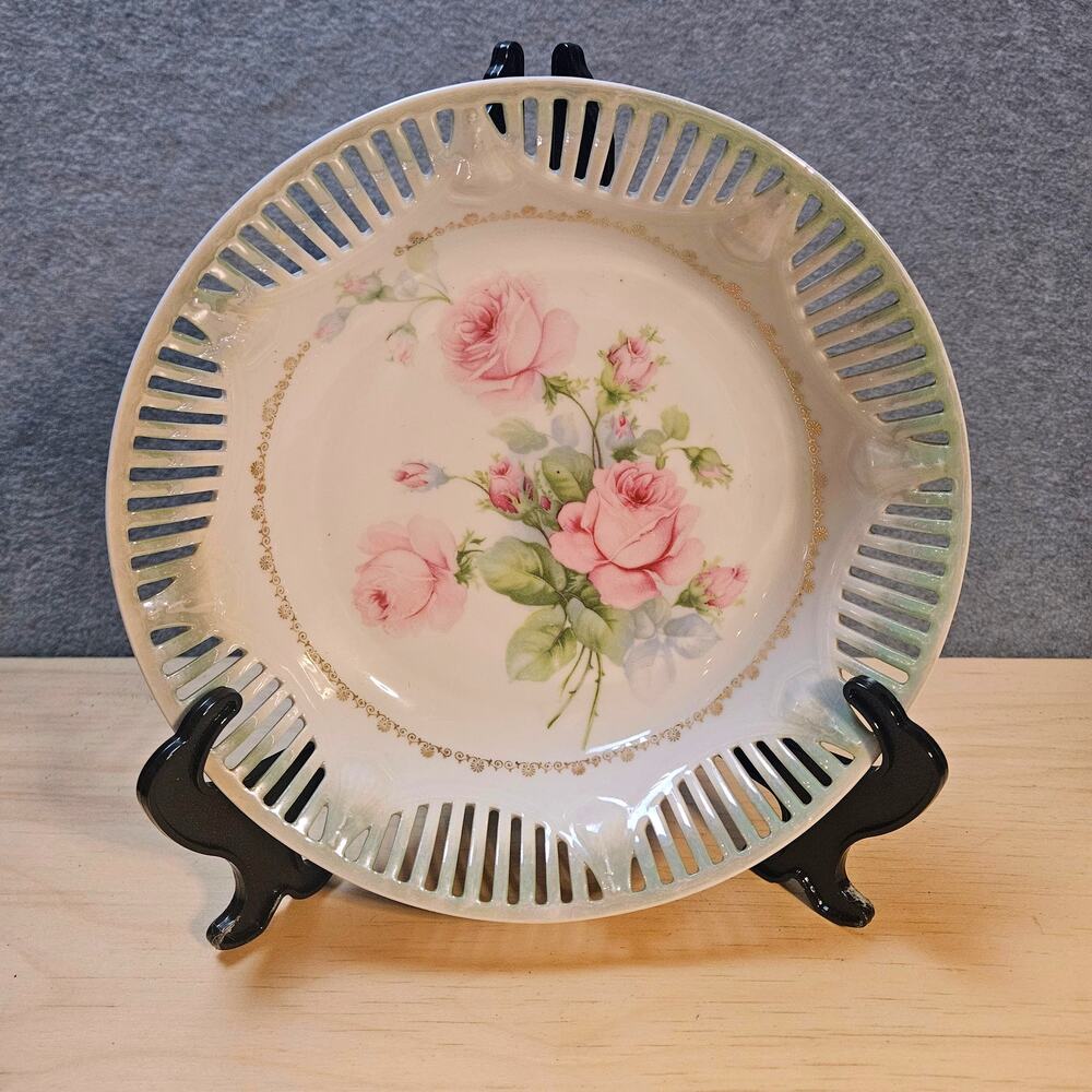 Antique Carl Schumann Bavaria Reticulated Porcelain Bowl Pink Roses Gold Trim